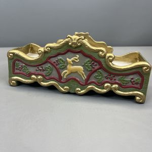 Ladas Reindeer Holly 2 Wick Candle Centerpiece Christmas Golden Trim Tray